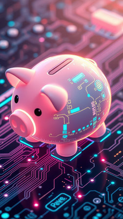 Digital piggy bank sits on a circuit board, symbolizing modern savings and technology integration in financeの素材