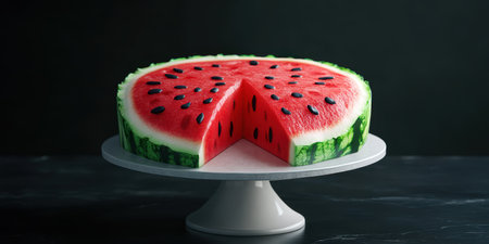 Unique and creative watermelon cake sliced on a pedestal stand in a stylish kitchen environment during the dayの素材