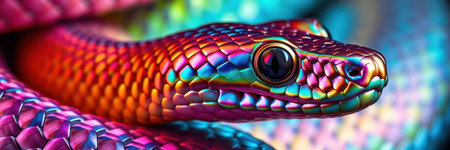 Colorful snake slithering on a vibrant background in a natural setting during daylight hoursの素材