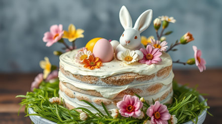 Colorful Easter cake decorated with flowers and a bunny figure on a wooden tableの素材