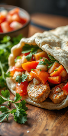 Freshly made wrap filled with grilled chicken, colorful vegetables, and herbs on a rustic wooden tableの素材