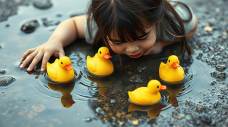 Child enjoys playing in a puddle with yellow rubber ducks on a rainy day outdoorsの素材