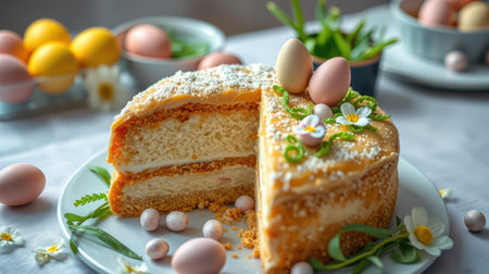 Colorful spring cake with decorative eggs and flowers on a festive table setting during Easter celebrationの素材