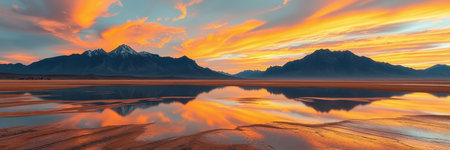 A calm lake mirrors a stunning sunset, the fiery colors reflected perfectly on the still waterの素材