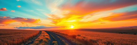 A dirt road winds through a vast expanse of golden wheat fieldsの素材