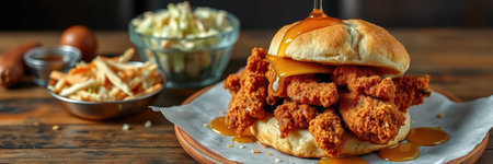 Crispy fried chicken sandwich topped with honey drizzle and served with coleslaw on a rustic wooden tableの素材