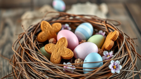 Colorful Easter eggs and cookies arranged in a nest with flowers for spring celebrationの素材