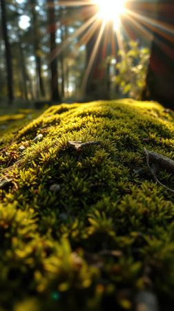 Sunlight illuminates vibrant moss on a forest floor rock late afternoonの素材