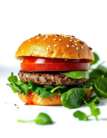 Delicious veggie burger with sesame bun, tomato, lettuce, and special sauceの素材