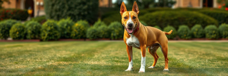 A medium-sized, short-haired dog, predominantly tan with white markings on its chest and paws, stands attentively on a vibrant green lawnの素材