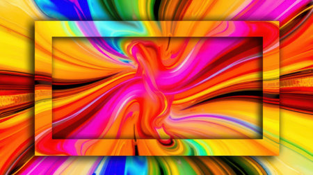 Vibrant abstract design featuring swirling colors and a rectangular frame in an energetic display of lightの素材