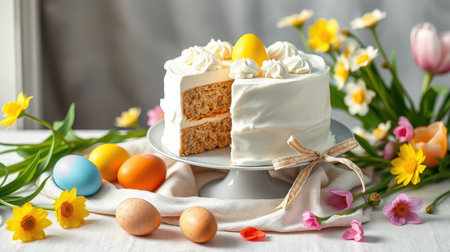 Beautiful spring cake decorated with flowers and Easter eggs, celebrating the festive season and joyful gatheringsの素材