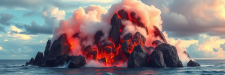 Molten lava erupts from a volcanic island, surrounded by ocean wavesの素材