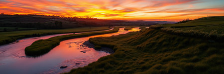 A winding river flows through a green valley as the sun setsの素材