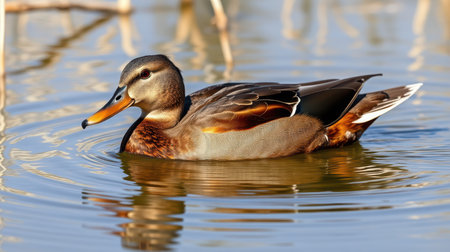 Mallard duck swimming in a serene wetland during golden hour near calm watersの素材
