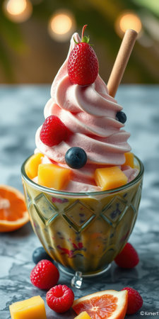 Indulgent frozen dessert featuring soft serve topped with fresh berries and tropical fruits served in a clear glass cupの素材