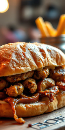 Mouthwatering chicken sandwich with caramelized onions served at a cozy eatery during afternoon hoursの素材