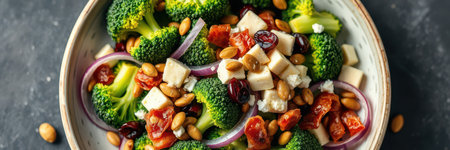Fresh broccoli salad with cranberries, sun-dried tomatoes, and pumpkin seeds served in a ceramic bowlの素材