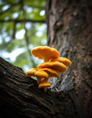 Bright yellow mushrooms grow on a tree trunk in a lush forest environment during the dayの素材