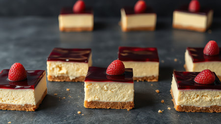 Delicious cheesecake squares topped with raspberry glaze served on a dark surfaceの素材