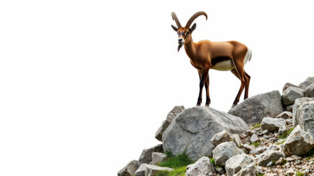 Mountain goat standing on rocky terrain with a clear sky backdrop in a natural habitatの素材