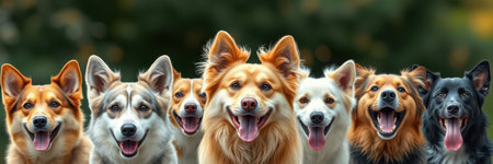 Eight dogs of different breeds stand side-by-side, displaying joyful expressionsの素材