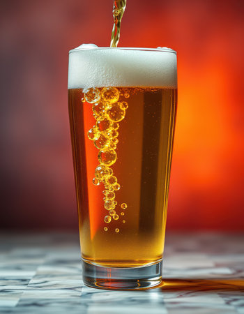 A clear glass is being filled with a light-colored beerの素材