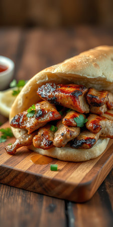 Grilled chicken wrap served with herbs and sauce on a wooden board in a rustic settingの素材
