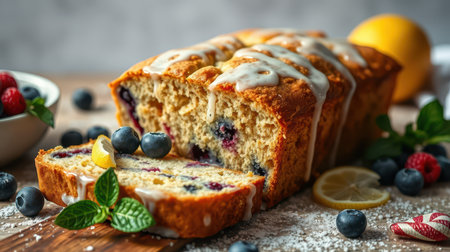 Delicious lemon blueberry loaf cake with icing and fresh berries on a wooden surfaceの素材
