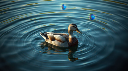 Duck swimming peacefully on a tranquil lake with ripples reflecting sunlight during afternoon hoursの素材