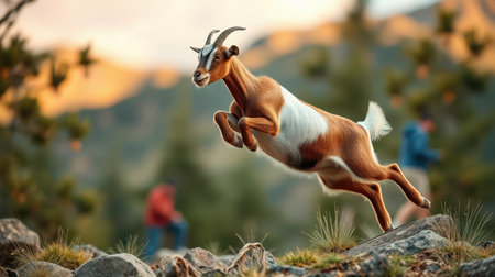 Goat leaps gracefully over rocky terrain in a natural landscape during golden hour sunlightの素材