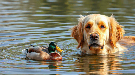 Golden retriever and duck swimming together in a calm lake during a sunny dayの素材