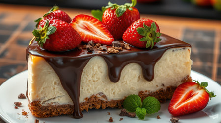 Indulgent cheesecake topped with fresh strawberries and chocolate drizzle on a rustic wooden tableの素材