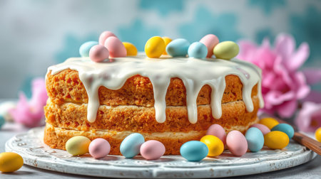 Layered cake decorated with icing and colorful candy eggs for a festive spring celebrationの素材