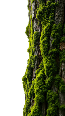 Lush green moss thrives on tree bark during a spring afternoonの素材