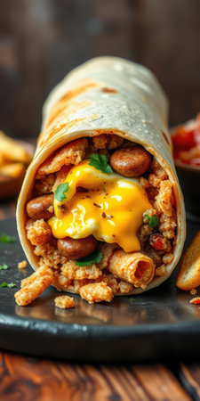 Colorful burrito filled with beans, cheese, and spices on a dark plate with tortilla chipsの素材