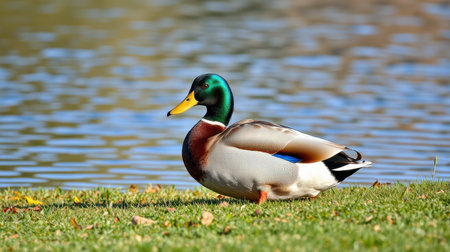 Mallard duck resting by a serene lake surrounded by autumn foliage in a sunny afternoon settingの素材