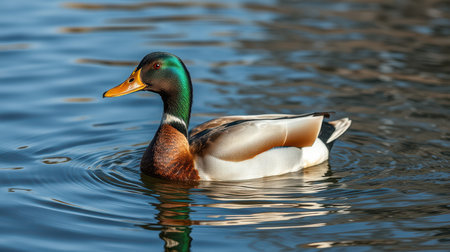 Colorful mallard duck swimming in calm water reflecting soft lightの素材