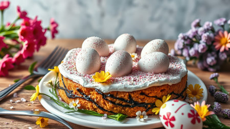 Deliciously decorated cake with Easter eggs and flowers on a wooden table for a festive celebrationの素材