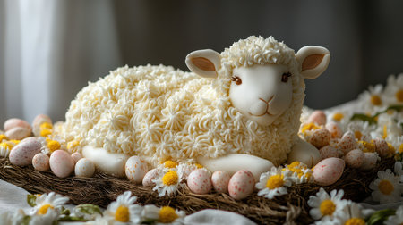 Elegant dessert display featuring a sheep made of cake surrounded by daisies and chocolate eggs at a spring celebrationの素材