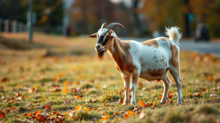 Goat grazing on autumn grass surrounded by colorful leaves in a rural setting during late afternoon lightの素材