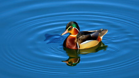 Colorful duck swimming gracefully on tranquil water with ripples in a serene environmentの素材