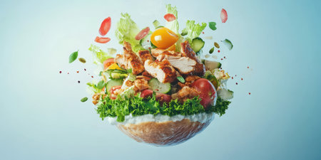 Fresh salad with grilled chicken and colorful vegetables presented in a creative floating styleの素材