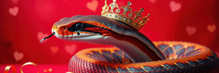 Colorful snake wearing a crown with playful hearts in the background during a festive celebrationの素材
