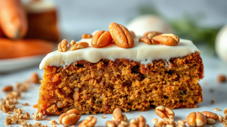 Delicious carrot cake slice topped with cream cheese frosting and pecans on a rustic tableの素材