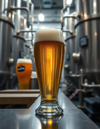 A tall glass of light-colored beer rests on a stainless steel surfaceの素材