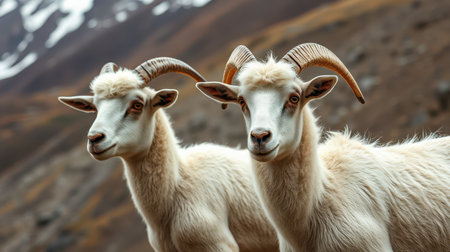 Two mountain goats standing together in rugged terrain with snowy peaks in the backgroundの素材