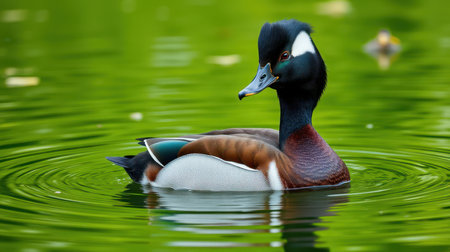 Beautiful duck swimming serenely in a vibrant green pond during a sunny dayの素材