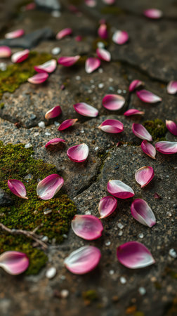Pink petals scatter on a mossy stone path at middayの素材