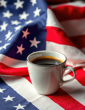 Coffee cup on American flag background showcasing patriotism and a cozy atmosphere during a festive occasionの素材